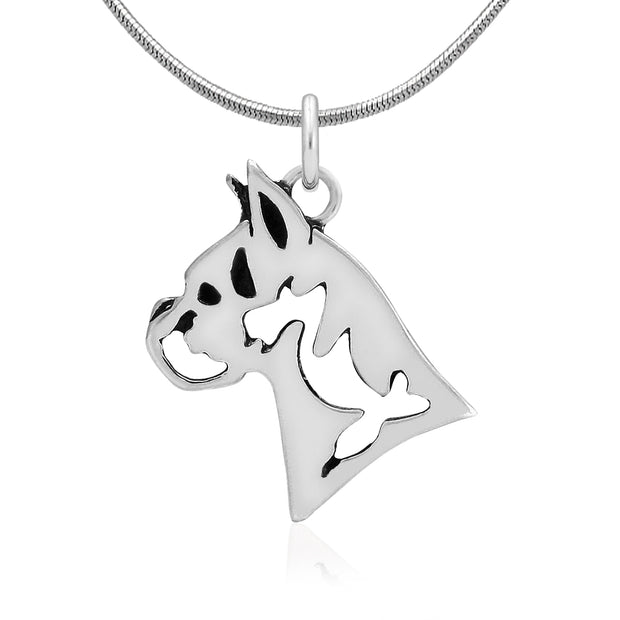 Boxer Necklace Head Design in Sterling Silver on Snake Chain.