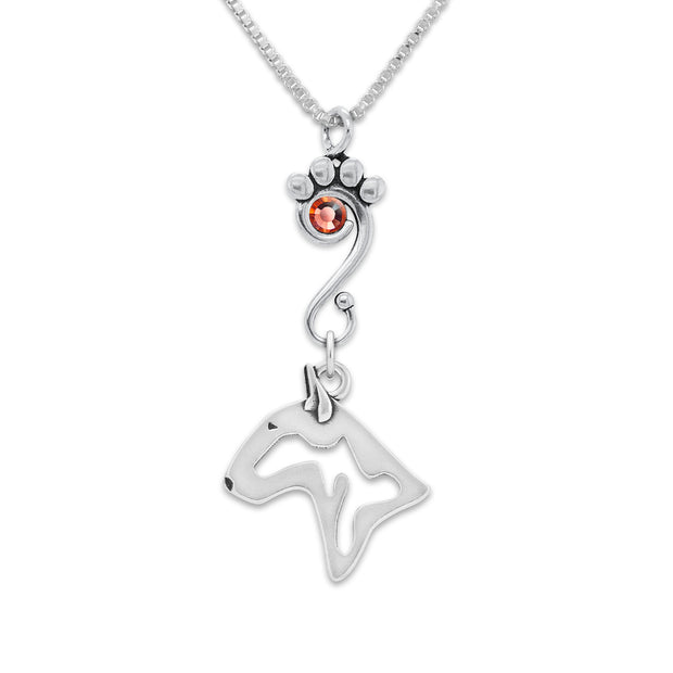 Bull Terrier Necklace Head Design with Peach Crystal in Sterling Silver on Box Chain.