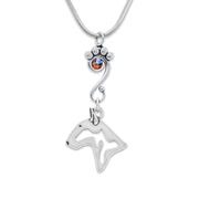 Bull Terrier Necklace Head Design with Topaz Crystal in Sterling Silver on Snake Chain.