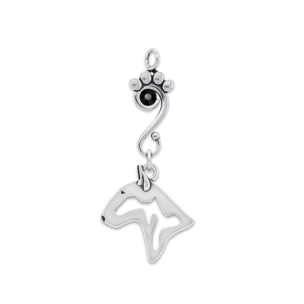 Bull Terrier Pendant Head Design with Jet Black Crystal in Sterling Silver.