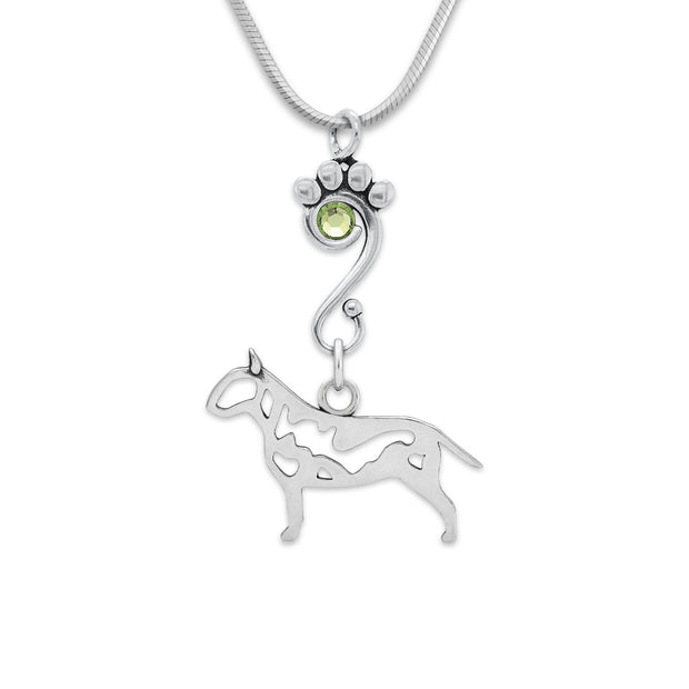 Bull Terrier Necklace Body Design with Peridot Crystal in Sterling Silver on Snake Chain.