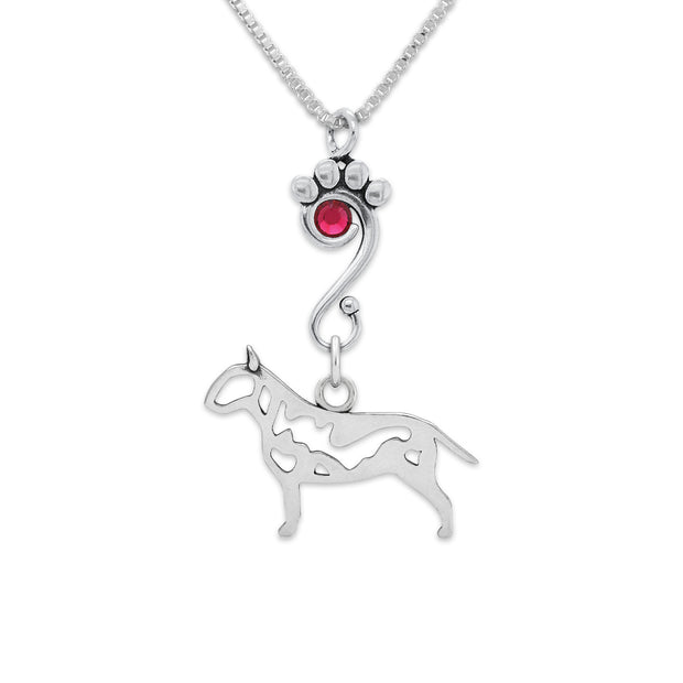 Bull Terrier Necklace Body Design with Ruby Crystal in Sterling Silver on Box Chain.