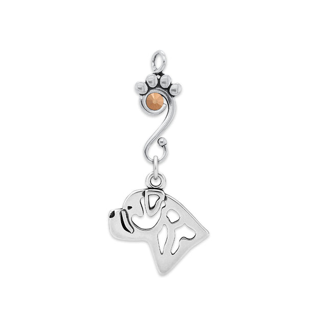 Bullmastiff Pendant Head Design with Rose Gold Crystal in Sterling Silver.