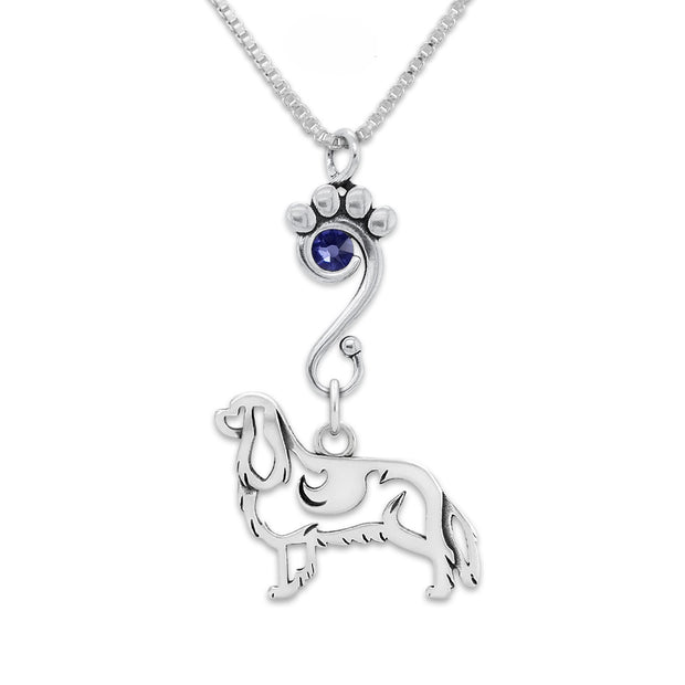 Cavalier King Charles Spaniel Necklace Body Design with Crystal in Sterling Silver on Box Chain.