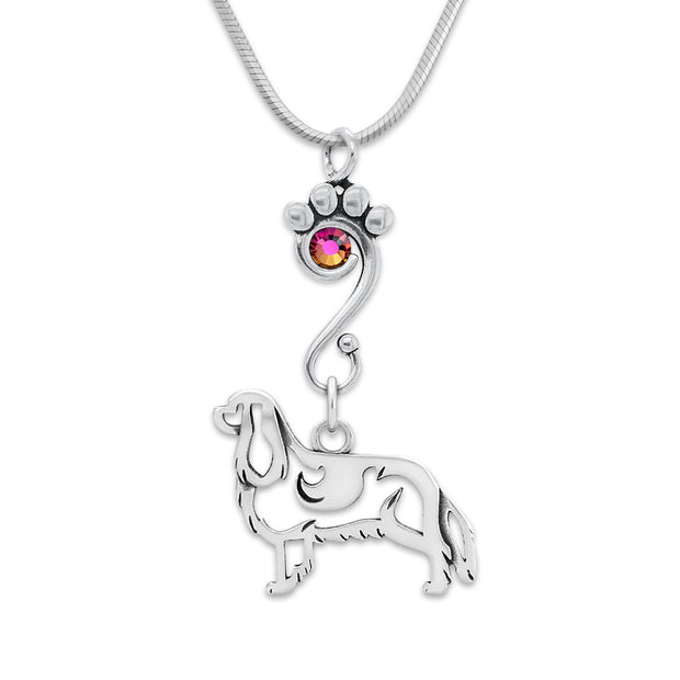 Cavalier King Charles Spaniel Necklace Body Design with Rainbow Crystal in Sterling Silver on Snake Chain.