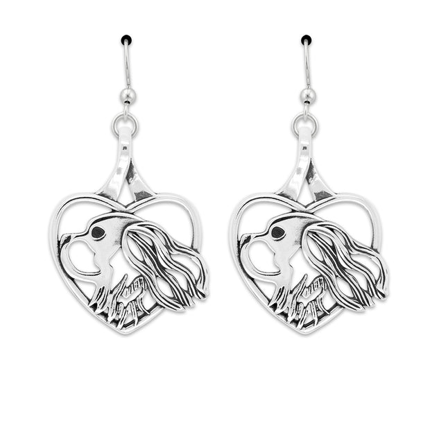 Cavalier King Charles Spaniel Heart Earrings in Sterling Silver in French Hook.