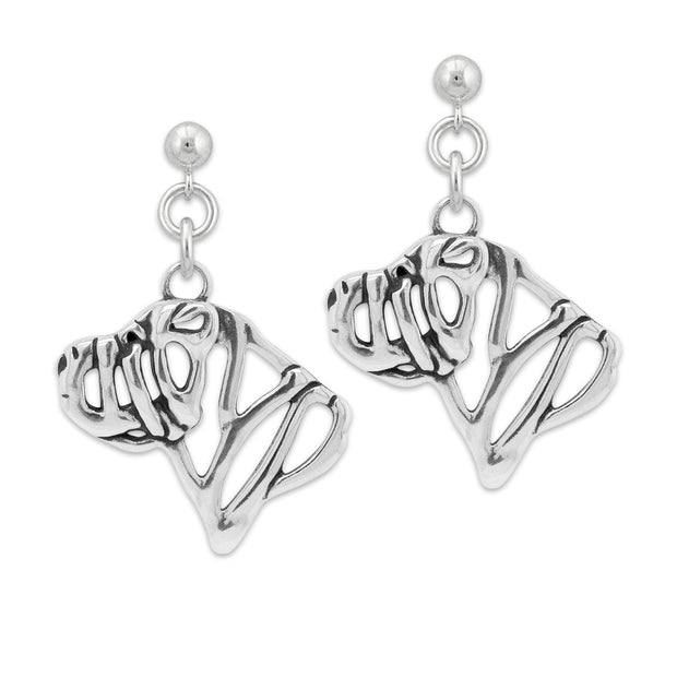 Chinese Shar Pei Earrings Head Design in Sterling Silver in Dangle Post.