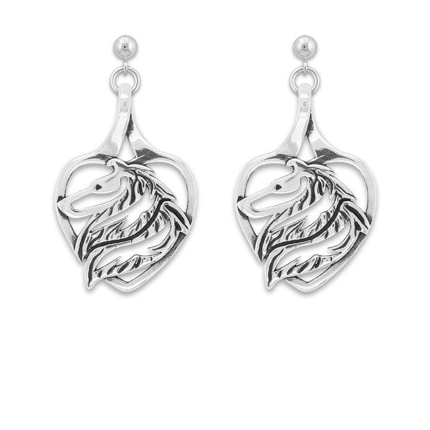 Collie Heart Earrings Head Design in Sterling Silver in Dangle Post.