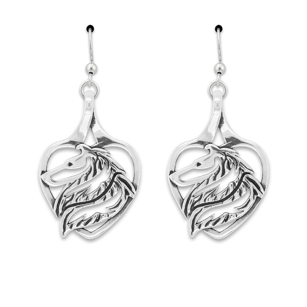 Collie Heart Earrings Head Design in Sterling Silver in French Hook.