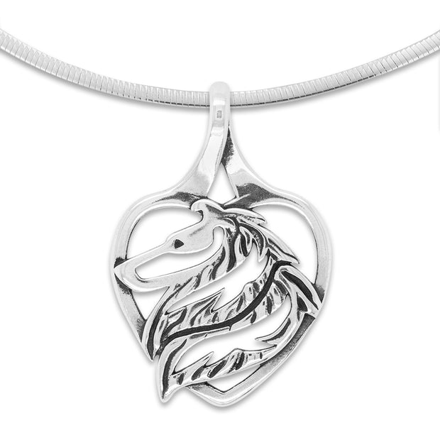 Collie Heart Necklace Head Design in Sterling Silver on Snake Chain.