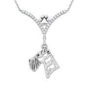 Airedale Terrier Necklace Head Design in V-Shaped Cubic Zirconia and Sterling Silver Chain with Pawprint.