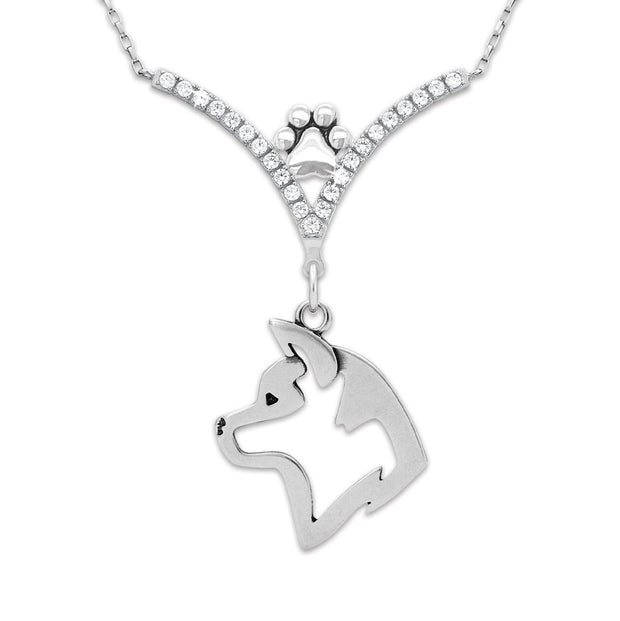 Akita Necklace Head Design in V-Shaped Cubic Zirconia and Sterling Silver Chain with Pawprint.