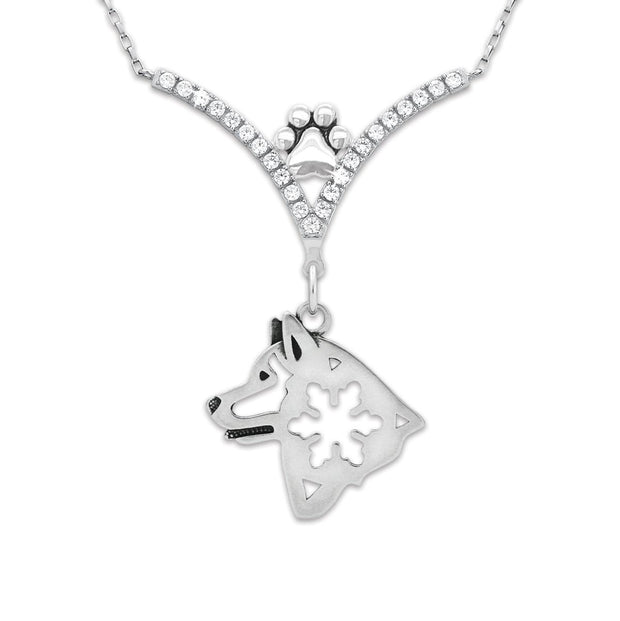 Alaskan Malamute Necklace Head Design with Snowflake in V-Shaped Cubic Zirconia and Sterling Silver Chain with Pawprint.