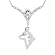 Australian Cattle Dog Necklace Head Design in V-Shaped Cubic Zirconia and Sterling Silver Chain with Pawprint.