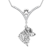 Australian Shepherd Necklace Head Design in V-Shaped Cubic Zirconia and Sterling Silver Chain with Pawprint.