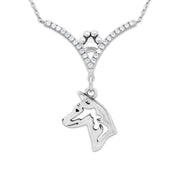 Basenji Necklace Head Design in V-Shaped Cubic Zirconia and Sterling Silver Chain with Pawprint.