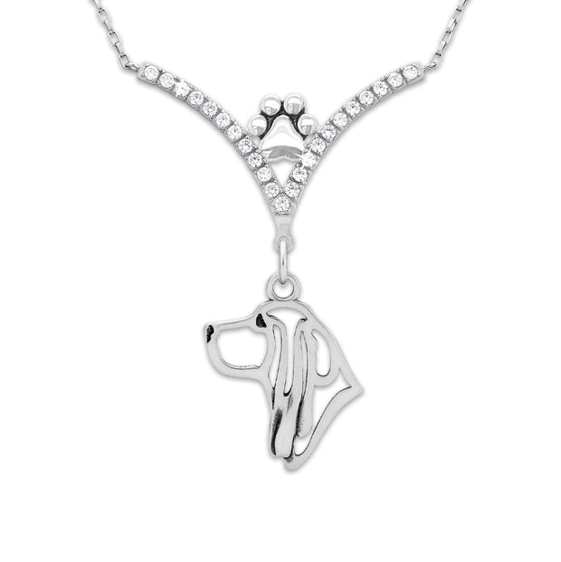 Basset Hound Necklace Head Design in V-Shaped Cubic Zirconia and Sterling Silver Chain with Pawprint.