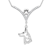 Belgian Malinois Necklace Head Design in V-Shaped Cubic Zirconia and Sterling Silver Chain with Pawprint.