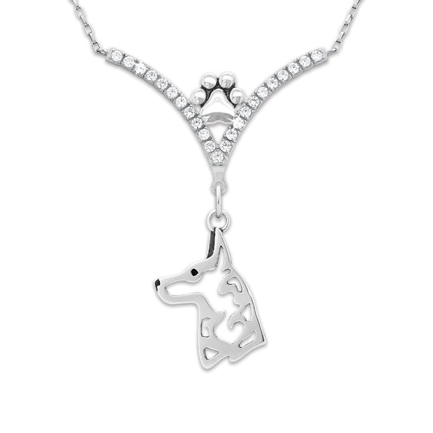 Belgian Malinois Necklace Head Design in V-Shaped Cubic Zirconia and Sterling Silver Chain with Pawprint.