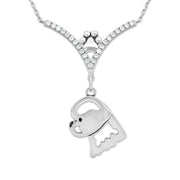 Bichon Frise Necklace Head Design in V-Shaped Cubic Zirconia and Sterling Silver Chain with Pawprint.