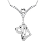 Bloodhound Necklace Head Design in V-Shaped Cubic Zirconia and Sterling Silver Chain with Pawprint.