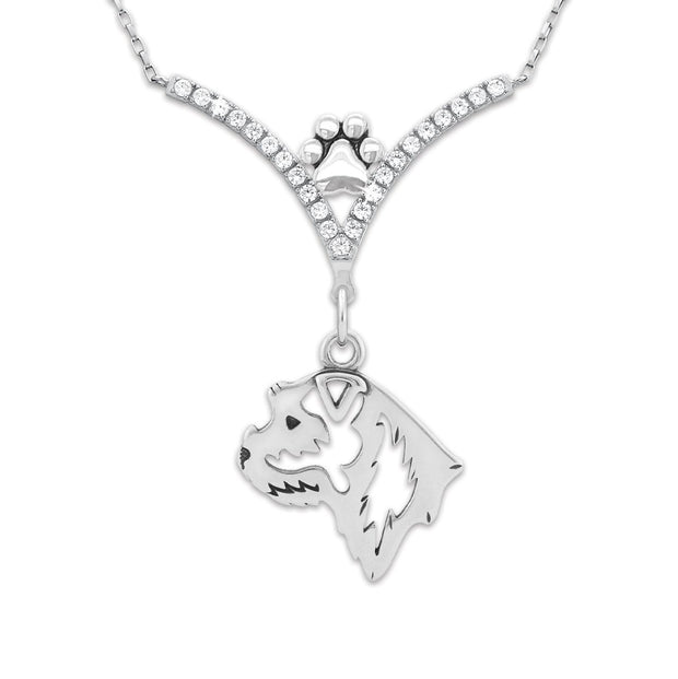 Border Terrier Necklace Head Design in V-Shaped Cubic Zirconia and Sterling Silver Chain with Pawprint.