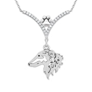 Borzoi Necklace Head Design in V-Shaped Cubic Zirconia and Sterling Silver Chain with Pawprint.