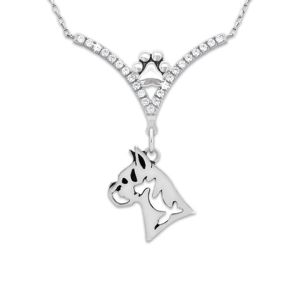 Boxer Necklace Head Design in V-Shaped Cubic Zirconia and Sterling Silver Chain with Pawprint.