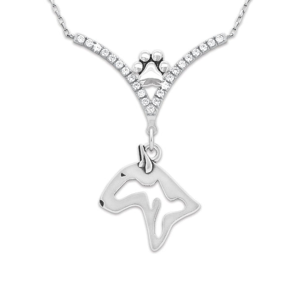 Bull Terrier Necklace Body Design in V-Shaped Cubic Zirconia and Sterling Silver Chain with Pawprint.