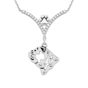 Bulldog Necklace Head Design in V-Shaped Cubic Zirconia and Sterling Silver Chain with Pawprint.