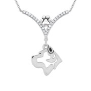 Cane Corso Necklace Head Design in V-Shaped Cubic Zirconia and Sterling Silver Chain with Pawprint.