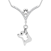 Chihuahua Necklace Head Design in V-Shaped Cubic Zirconia and Sterling Silver Chain with Pawprint.