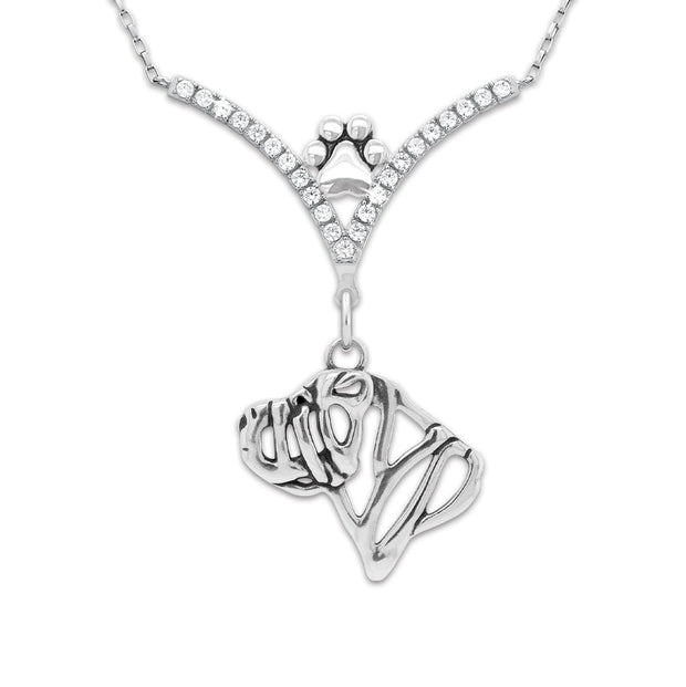 Chinese Shar Pei Necklace Head Design in V-Shaped Cubic Zirconia and Sterling Silver Chain with Pawprint.