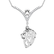 Chow Chow Necklace Head Design in V-Shaped Cubic Zirconia and Sterling Silver Chain with Pawprint.