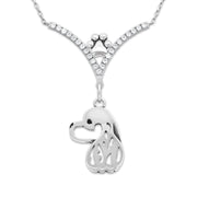 Cocker Spaniel Necklace Head Design in V-Shaped Cubic Zirconia and Sterling Silver Chain with Pawprint.