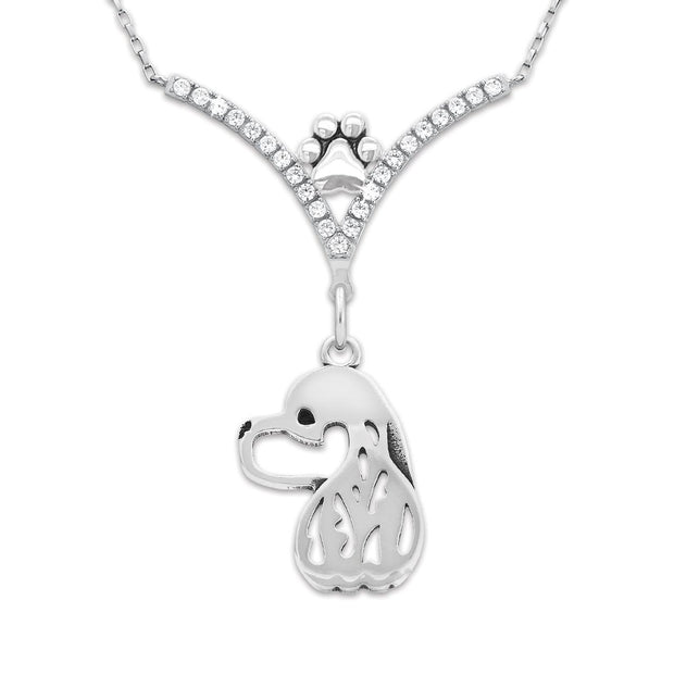 Cocker Spaniel Necklace Head Design in V-Shaped Cubic Zirconia and Sterling Silver Chain with Pawprint.