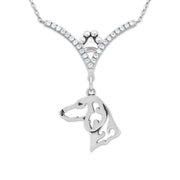 Smooth Coat Dachshund Necklace Head Design in V-Shaped Cubic Zirconia and Sterling Silver Chain with Pawprint.