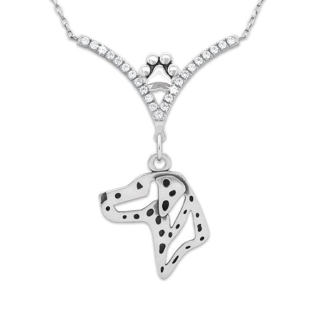 Dalmation Necklace Head Design in V-Shaped Cubic Zirconia and Sterling Silver Chain with Pawprint.