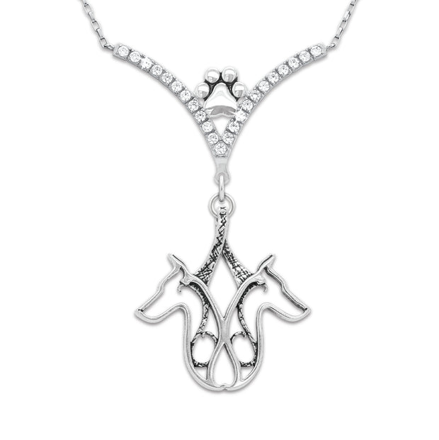 Doberman Pinscher Necklace with Double Head Design in V-Shaped Cubic Zirconia and Sterling Silver Chain with Pawprint.