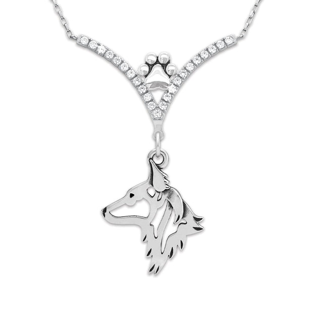 Dutch Shepherd Necklace Head Design in V-Shaped Cubic Zirconia and Sterling Silver Chain with Pawprint.