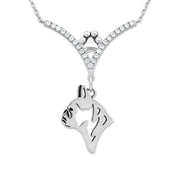 French Bulldog Necklace Head Design in V-Shaped Cubic Zirconia and Sterling Silver Chain with Pawprint.