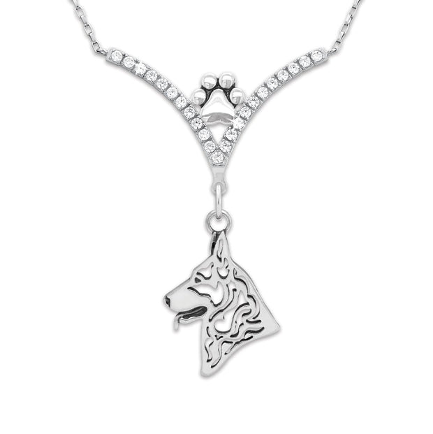 German Shepherd Necklace Head Design in V-Shaped Cubic Zirconia and Sterling Silver Chain with Pawprint.