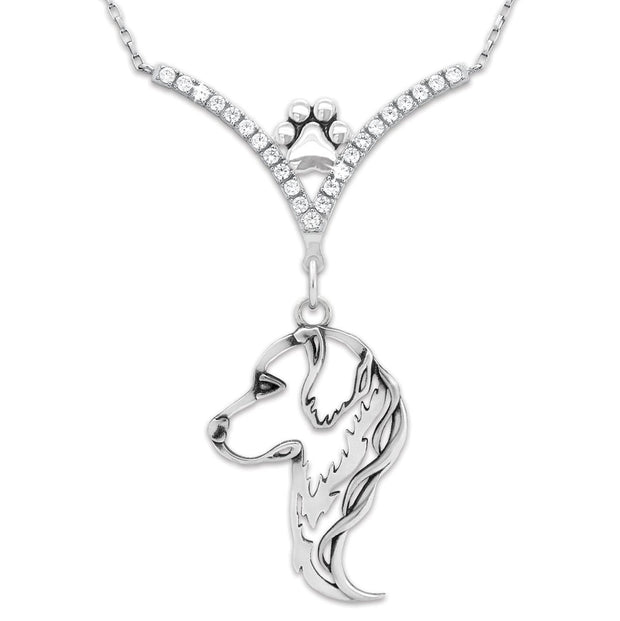 Golden Retriever Necklace Head Design in V-Shaped Cubic Zirconia and Sterling Silver Chain with Pawprint.