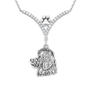 Goldendoodle Necklace Head Design in V-Shaped Cubic Zirconia and Sterling Silver Chain with Pawprint.