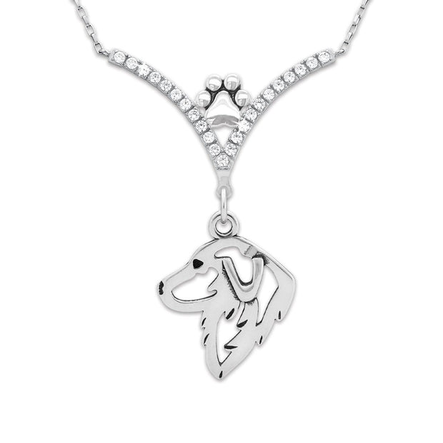 Great Pyrenees Necklace Head Design in V-Shaped Cubic Zirconia and Sterling Silver Chain with Pawprint.