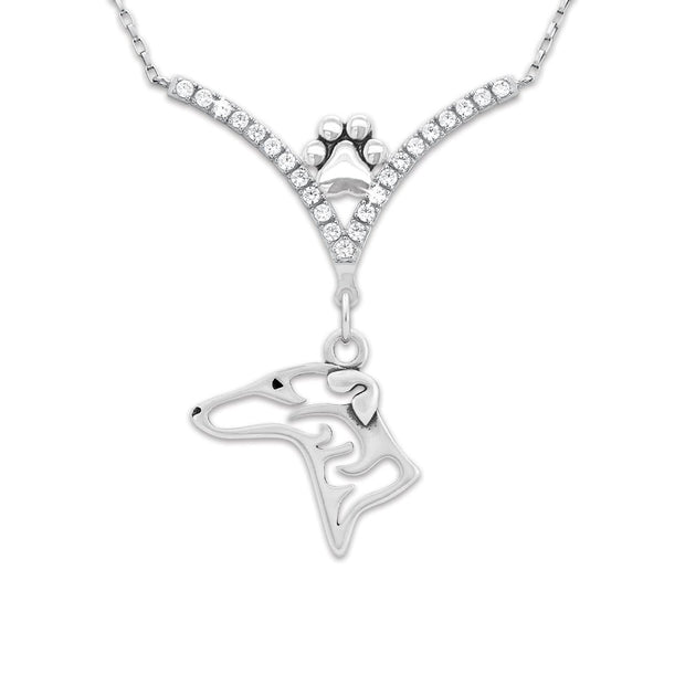 Greyhound Necklace Head Design in V-Shaped Cubic Zirconia and Sterling Silver Chain with Pawprint.