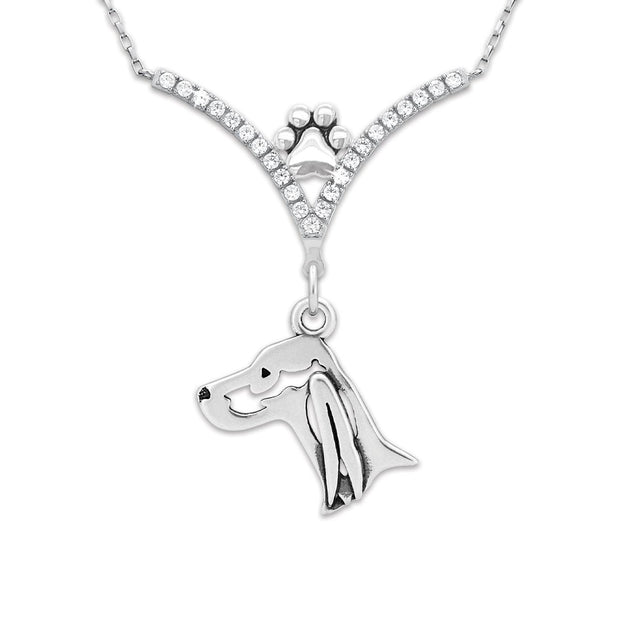 Irish Setter Necklace Head Design in V-Shaped Cubic Zirconia and Sterling Silver Chain with Pawprint.