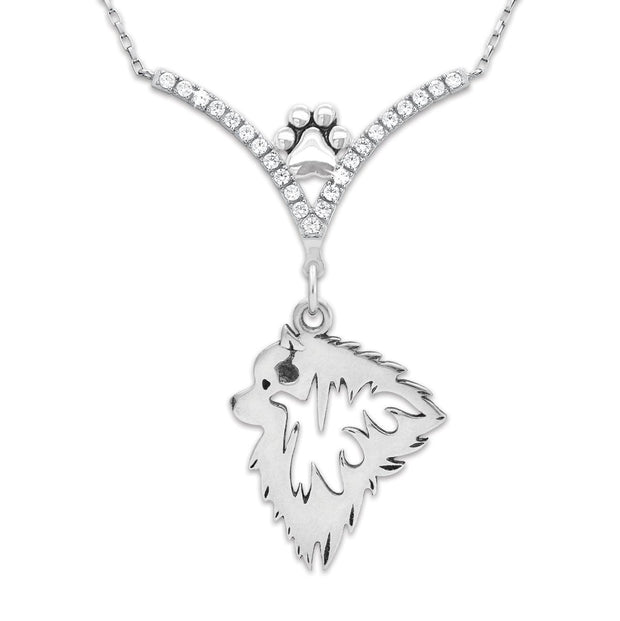 Keeshond Necklace Head Design in V-Shaped Cubic Zirconia and Sterling Silver Chain with Pawprint.