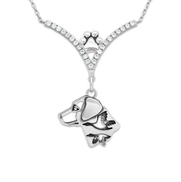 Labrador Retriever Necklace Head Design with Ducks in V-Shaped Cubic Zirconia and Sterling Silver Chain with Pawprint.