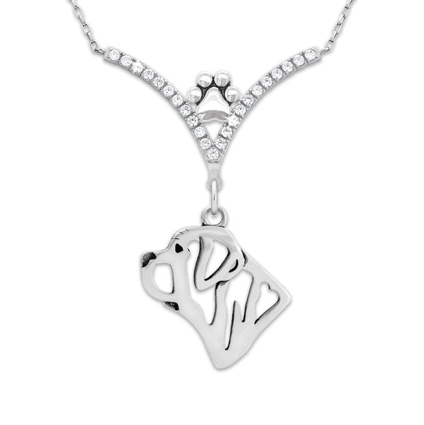 Mastiff Necklace Head Design in V-Shaped Cubic Zirconia and Sterling Silver Chain with Pawprint.